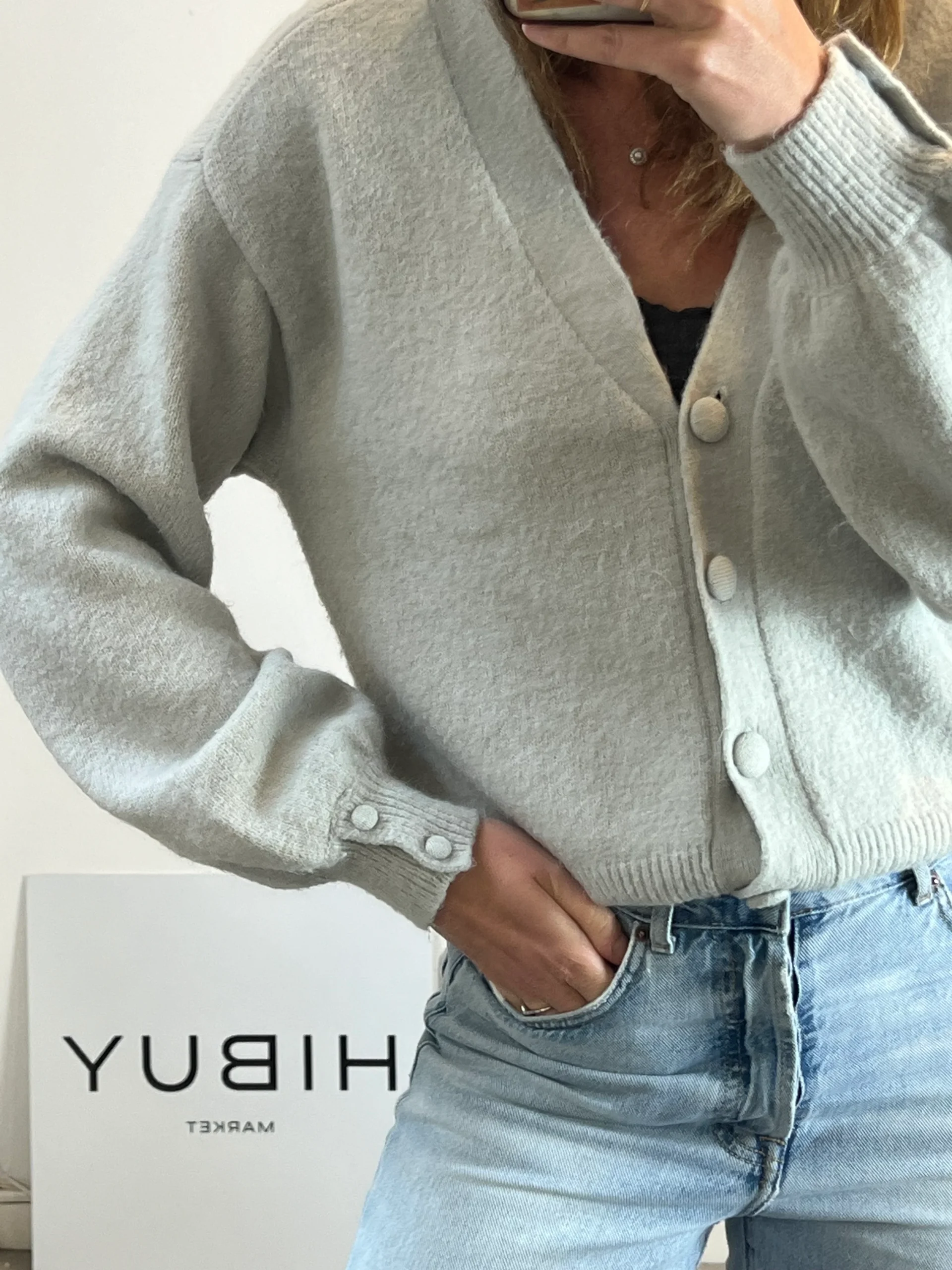 JUSTFAB. Chaqueta punto gris claro. T S